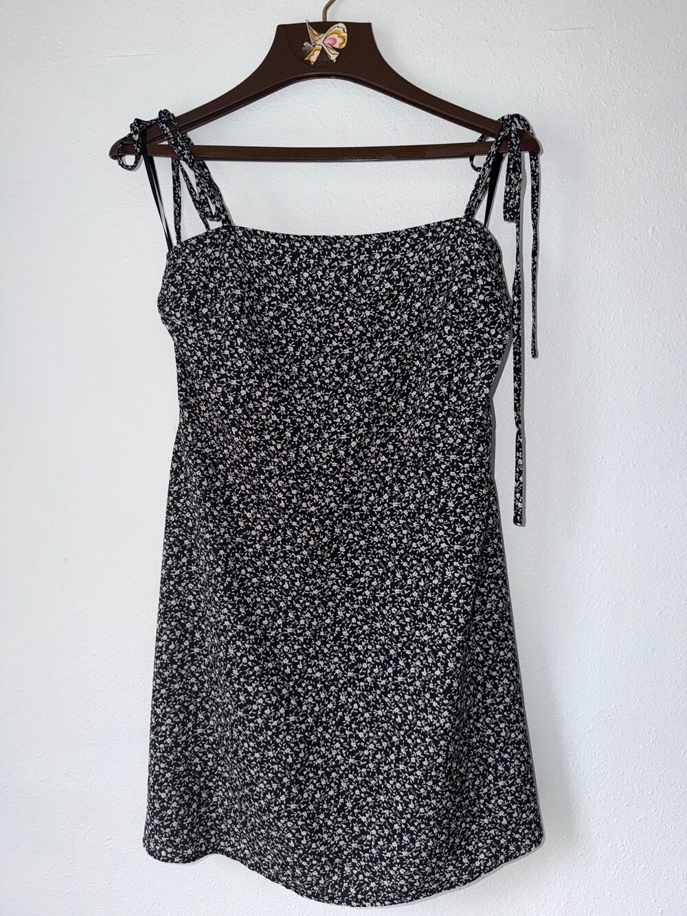 90’s Vintage Inspired Black White Floral Print Adjustable Tie Strap Mini Dress